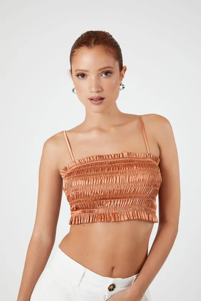 Women's Smocked Satin Cropped Cami in Toasted Almond Medium