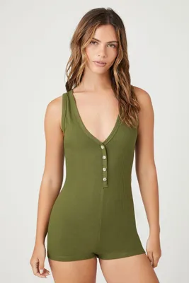 Women's Sleeveless Ribbed Knit Lounge Romper in Cypress Small