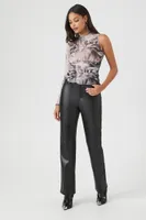 Women's Abstract Print One-Sleeve Mesh Top in Grey Small