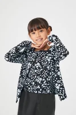 Girls Floral Print Cami & Cardigan Sweater Set (Kids) in Black/Blue, 11/12