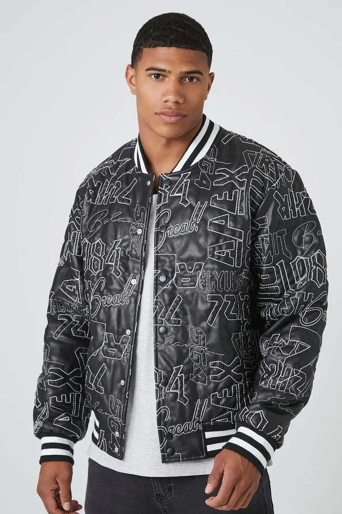 Men Embroidered Varsity Letterman Jacket in Black/White Large