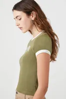 Women's New York Graphic Ringer T-Shirt in Olive/Cream Large