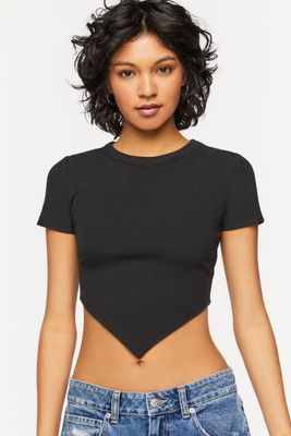 Women's Cropped V-Hem Rib-Knit T-Shirt in Black Medium
