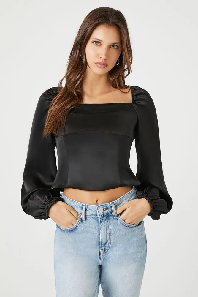 Women's Satin Peasant-Sleeve Crop Top