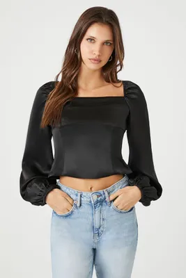 Women's Satin Peasant-Sleeve Crop Top in Black, XS