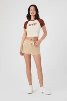 Women's Frayed Drawstring Shorts in Taupe Small