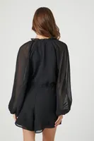 Women's Sheer Peasant-Sleeve Romper in Black Medium