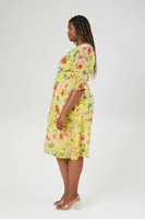 Women's Floral Print Plunging Midi Dress in Yellow, 1X