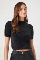 Women's Fuzzy Mock Neck Cropped T-Shirt Black