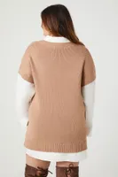 Women's Combo Sweater Shirt Dress in Taupe/White, 3X