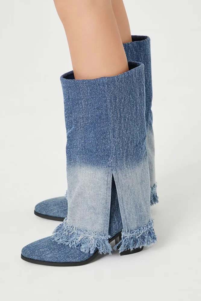 Women's Frayed Denim Overlay Boots , 6