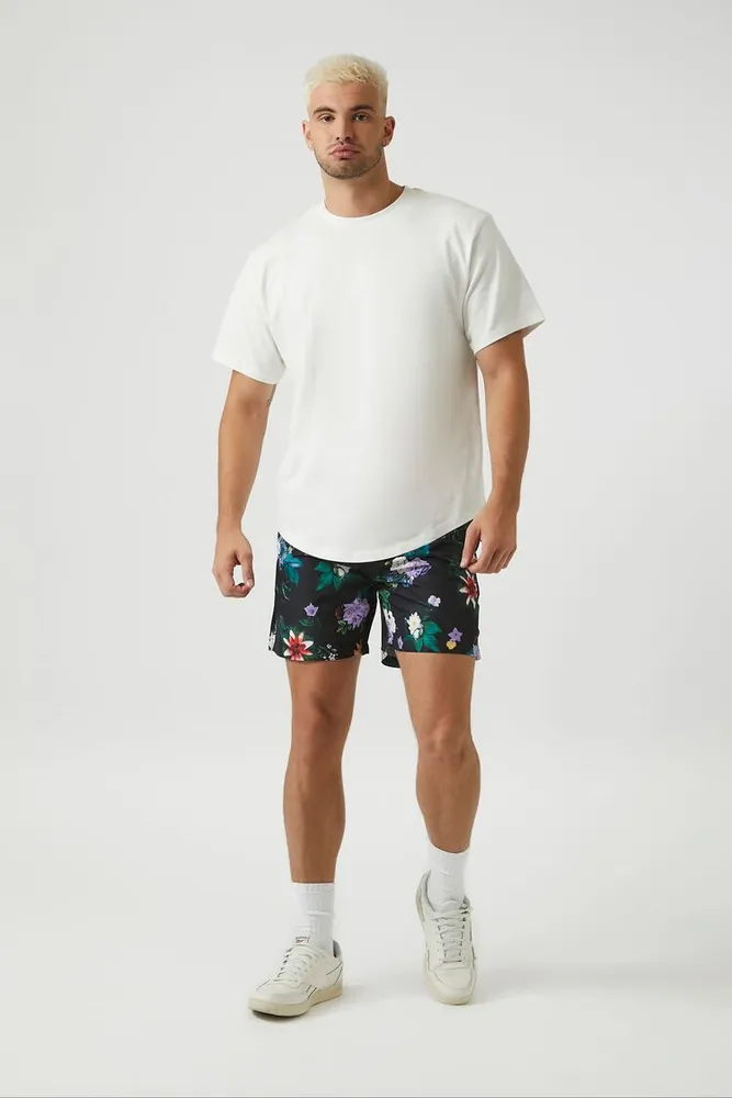 Men Floral Print Swim Trunks in Black Medium