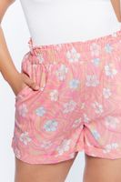 Women's Floral Print Paperbag Shorts in Pink, 0X