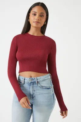 Women's Ribbed Sweater-Knit Crop Top in Wine, XL