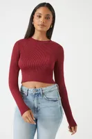 Women's Ribbed Sweater-Knit Crop Top in Wine Large