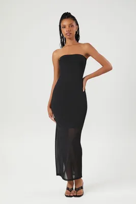 Women's Strapless Mesh Bodycon Maxi Dress in Black Small