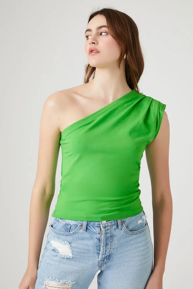 Women's Ruched One-Shoulder Top in Green Small