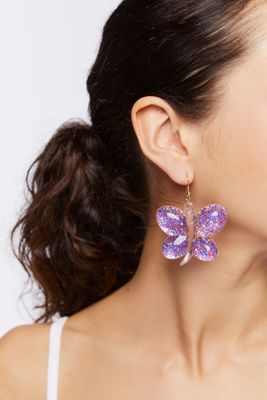Women's Glitter Butterfly Drop Earrings in Purple