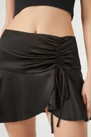 Women's Ruched Satin Drawstring Mini Skirt in Black Small