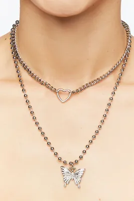 Women's Heart & Butterfly Layered Necklace in Silver