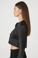 Women's Satin Feather Crop Top in Black Small