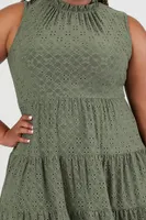 Women's Tiered Eyelet Mini Dress in Sage, 2X