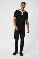 Men Striped-Trim Polo Shirt in Black/Cream, XXL