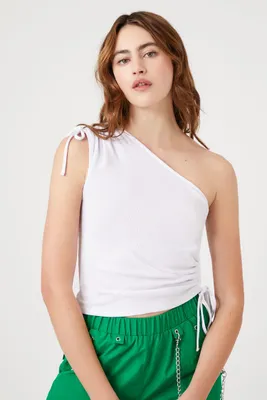 Women's Ruched Drawstring One-Shoulder Top in White Medium