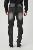 Men Slim-Fit Stone Wash Cargo Jeans in Washed Black, 32