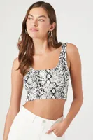 Women's Snake Print Lace-Up Crop Top in White Large