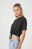 Women's Drawstring Short-Sleeve Crop Top in Black Large