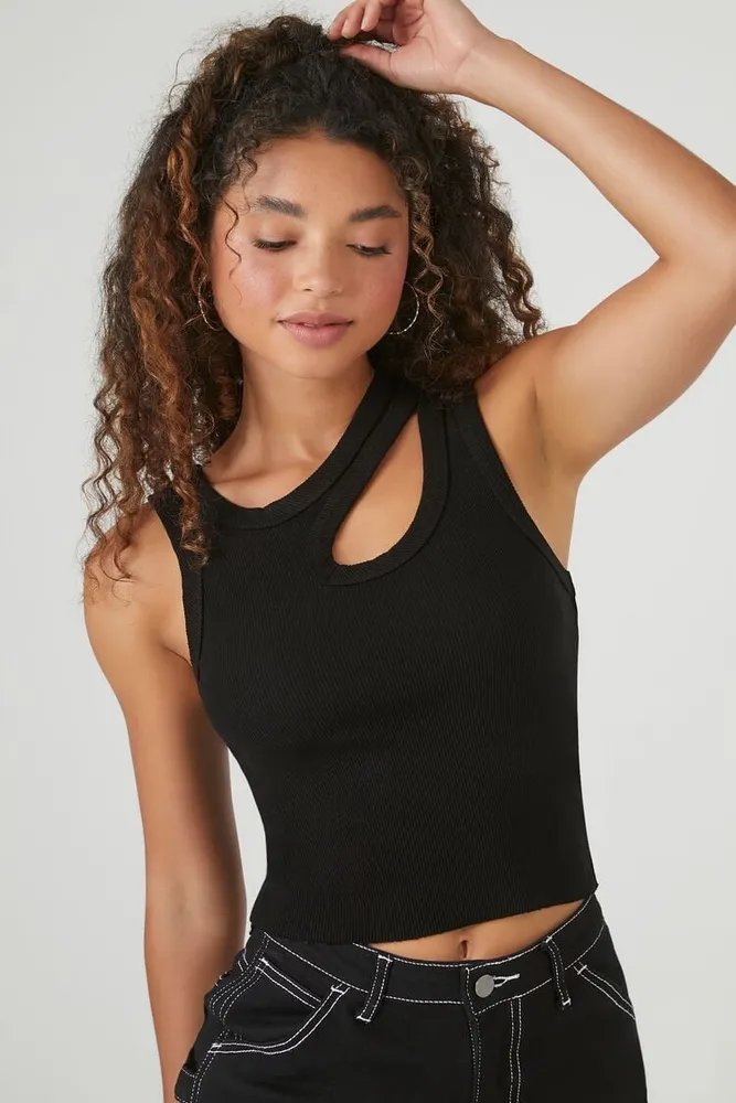 Forever 21 Women's Ribbed Knit Cutout Tank Top in Black Small