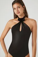 Women's Satin Rosette Halter Bodysuit in Black Small