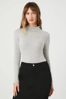 Women's Ribbed Knit Turtleneck Top in Heather Grey Large