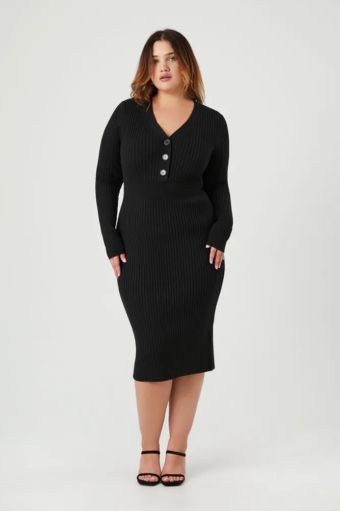 Women's Half-Button Sweater Midi Dress in Black, 3X