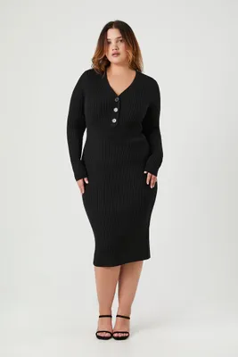 Women's Half-Button Sweater Midi Dress in Black, 1X