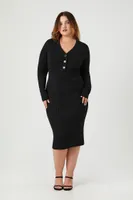 Women's Half-Button Sweater Midi Dress in Black, 3X