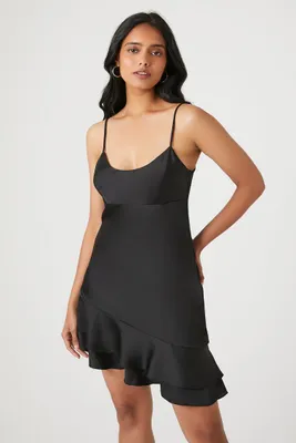 Women's Satin Ruffle-Hem Mini Dress in Black Small