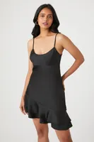 Women's Satin Ruffle-Hem Mini Dress in Black, XS