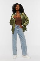 Women's Satin Embroidered Bomber Jacket in Olive/White Medium