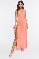 Women's Plunging Slit Maxi Dress in Neon Coral Small