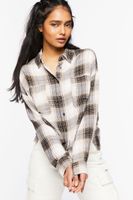 Women's High-Low Plaid Shirt in Tan Small