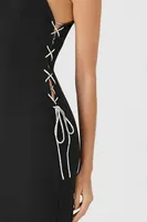 Women's Lace-Up Midi Sweater Dress in Black Small