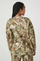 Women's Fleece Leaf Print Pullover in Olive, XS