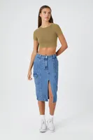 Women's Rib-Knit Cropped T-Shirt in Olive Large