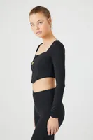 Women's Active Zip-Up Pointed Crop Top in Black Large