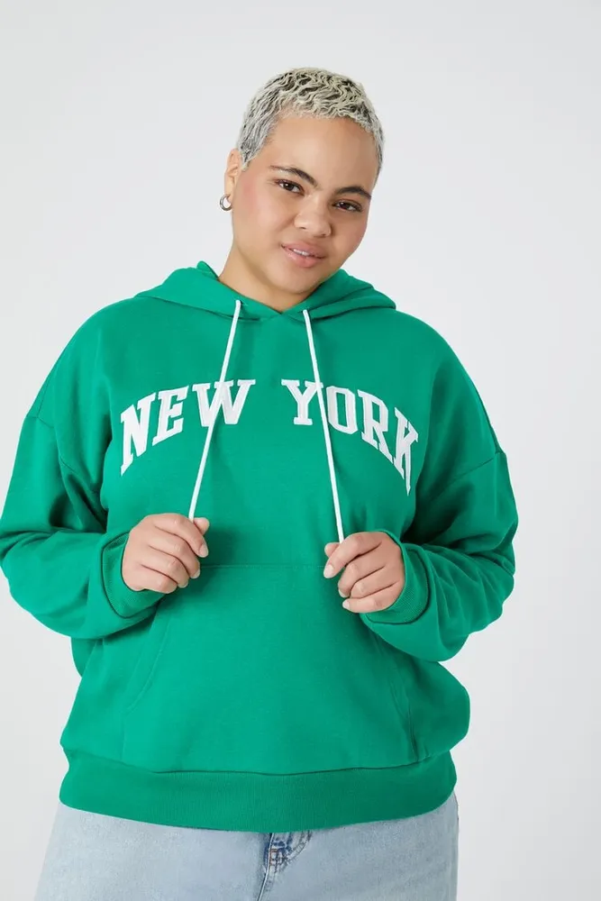 Women's New York Graphic Hoodie in Bright Green, 1X