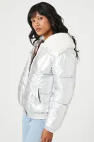 Women's Faux Fur-Trim Metallic Puffer Jacket in Silver Small