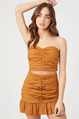 Women's Ruched Tube Top & Mini Skirt Set in Rust Medium