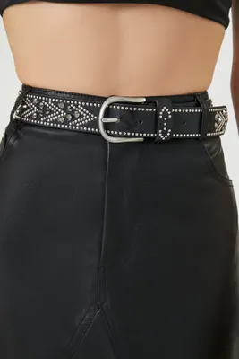 Studded Rhinestone Faux Leather Belt in Black/Silver, M/L